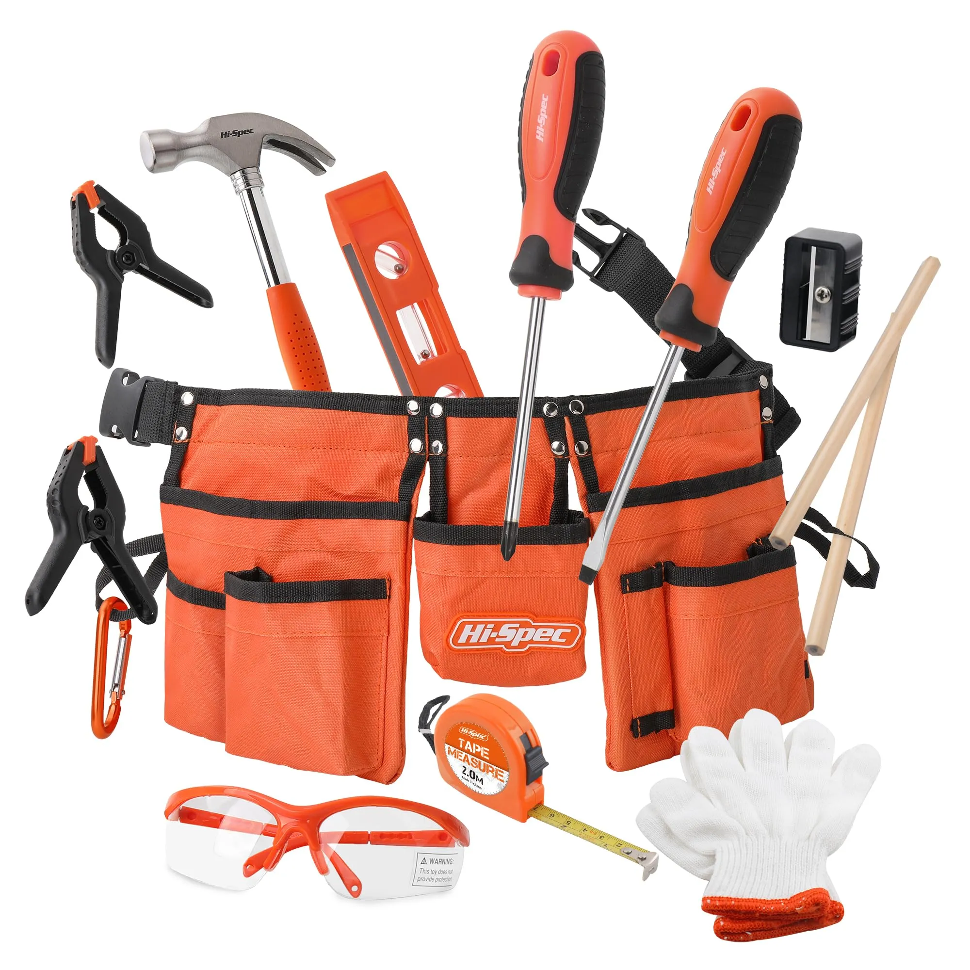 16pc Orange Kids Tool Kit Set. Child-Size Tool Belt with Real Metal Hand Tools for DIY Building & Woodwork Learning