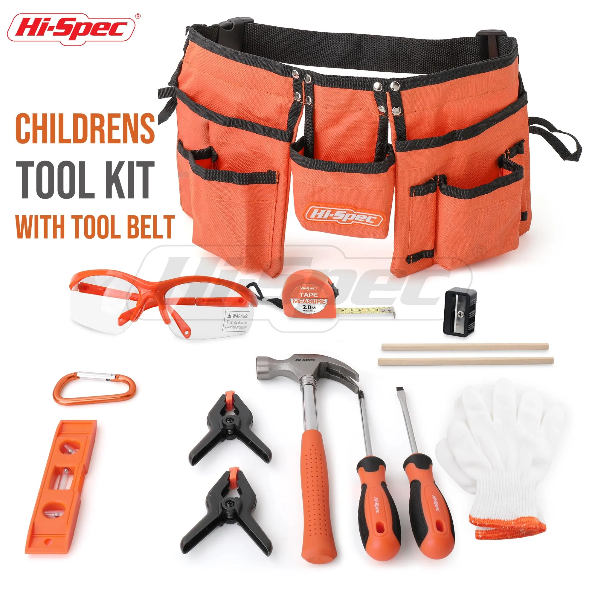 16pc Orange Kids Tool Kit Set. Child-Size Tool Belt with Real Metal Hand Tools for DIY Building & Woodwork Learning