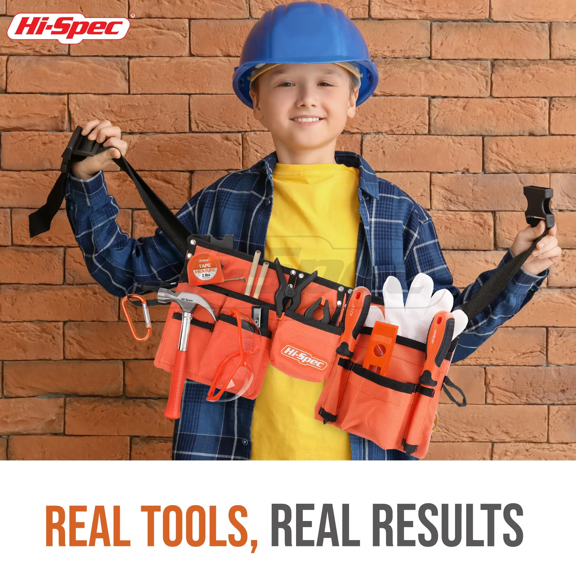 16pc Orange Kids Tool Kit Set. Child-Size Tool Belt with Real Metal Hand Tools for DIY Building & Woodwork Learning