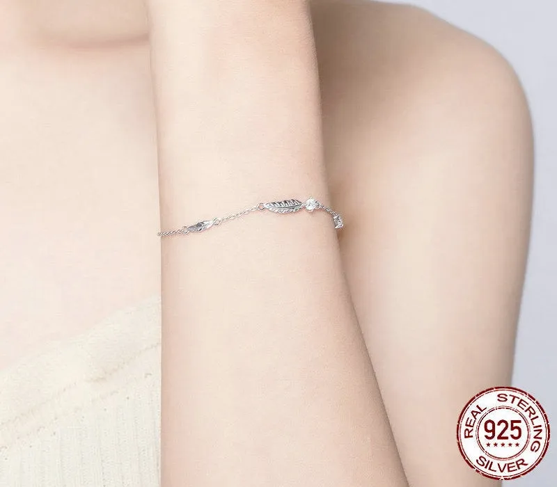 925 Sterling Silver Boho Feather Pattern Link Chain Bracelet for Women