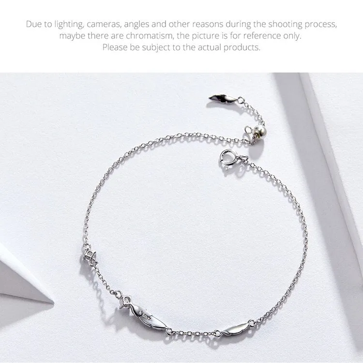 925 Sterling Silver Boho Feather Pattern Link Chain Bracelet for Women