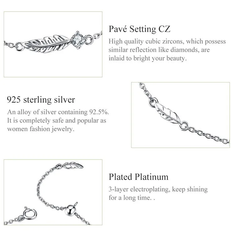 925 Sterling Silver Boho Feather Pattern Link Chain Bracelet for Women