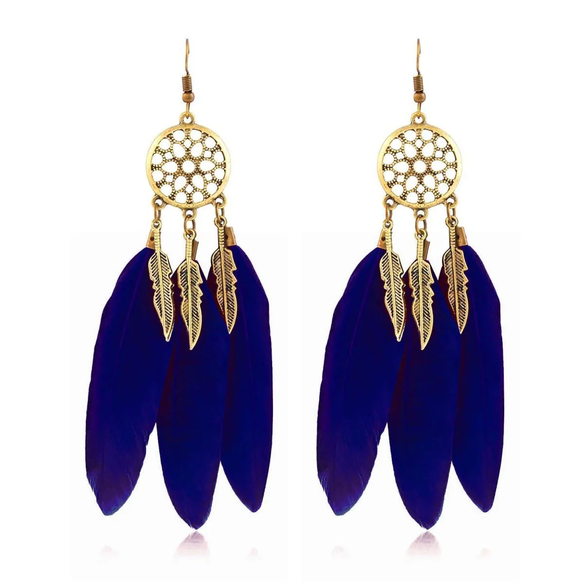 Boho Feather Flower Filigree Dark Blue 18K Gold Hanging Dangle Earring