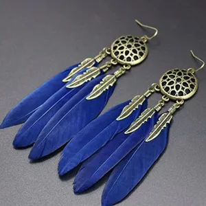 Boho Feather Flower Filigree Dark Blue 18K Gold Hanging Dangle Earring