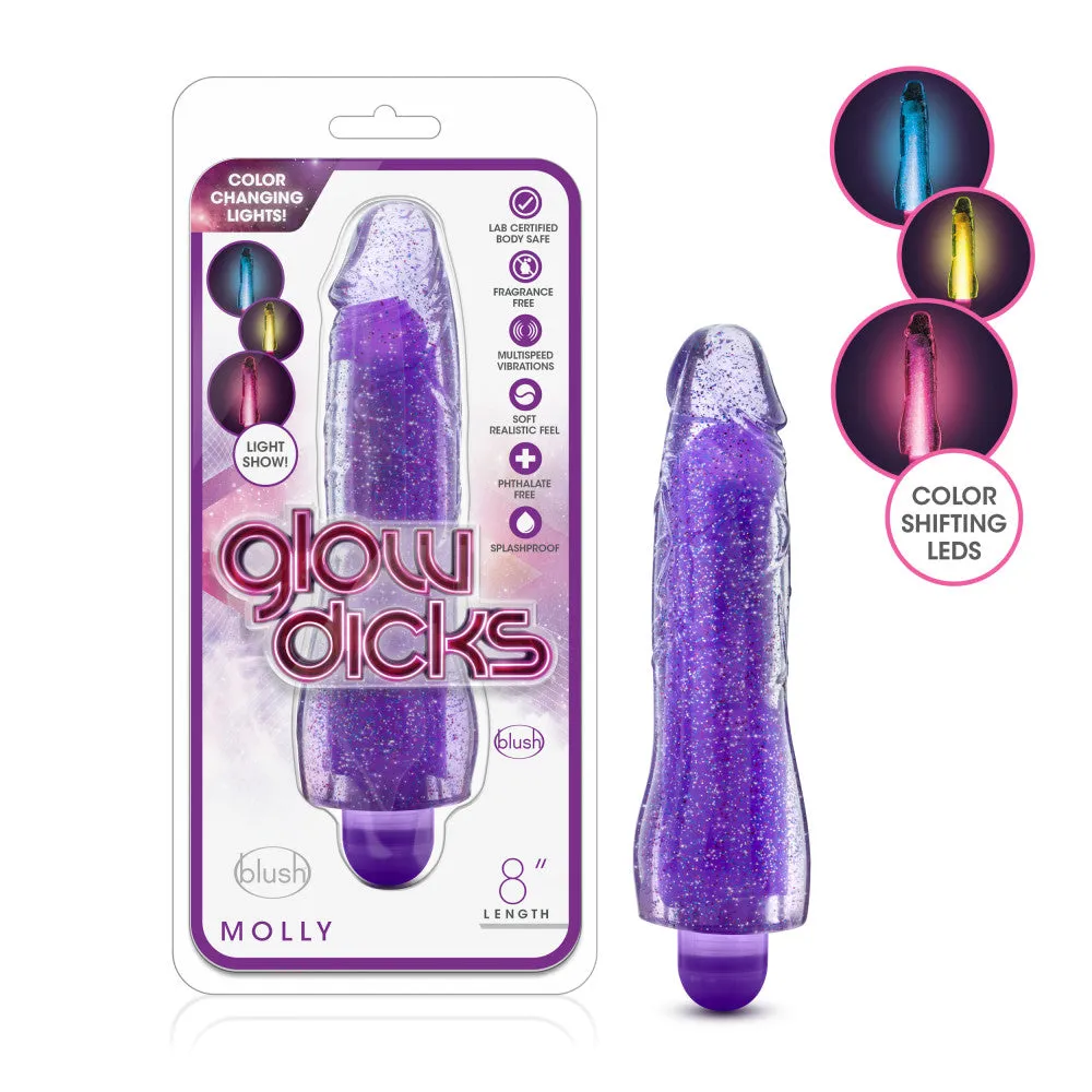 Glow Dicks By Blush® | Molly Glitter Realistic Purple 8-Inch Long Vibrating Dildo