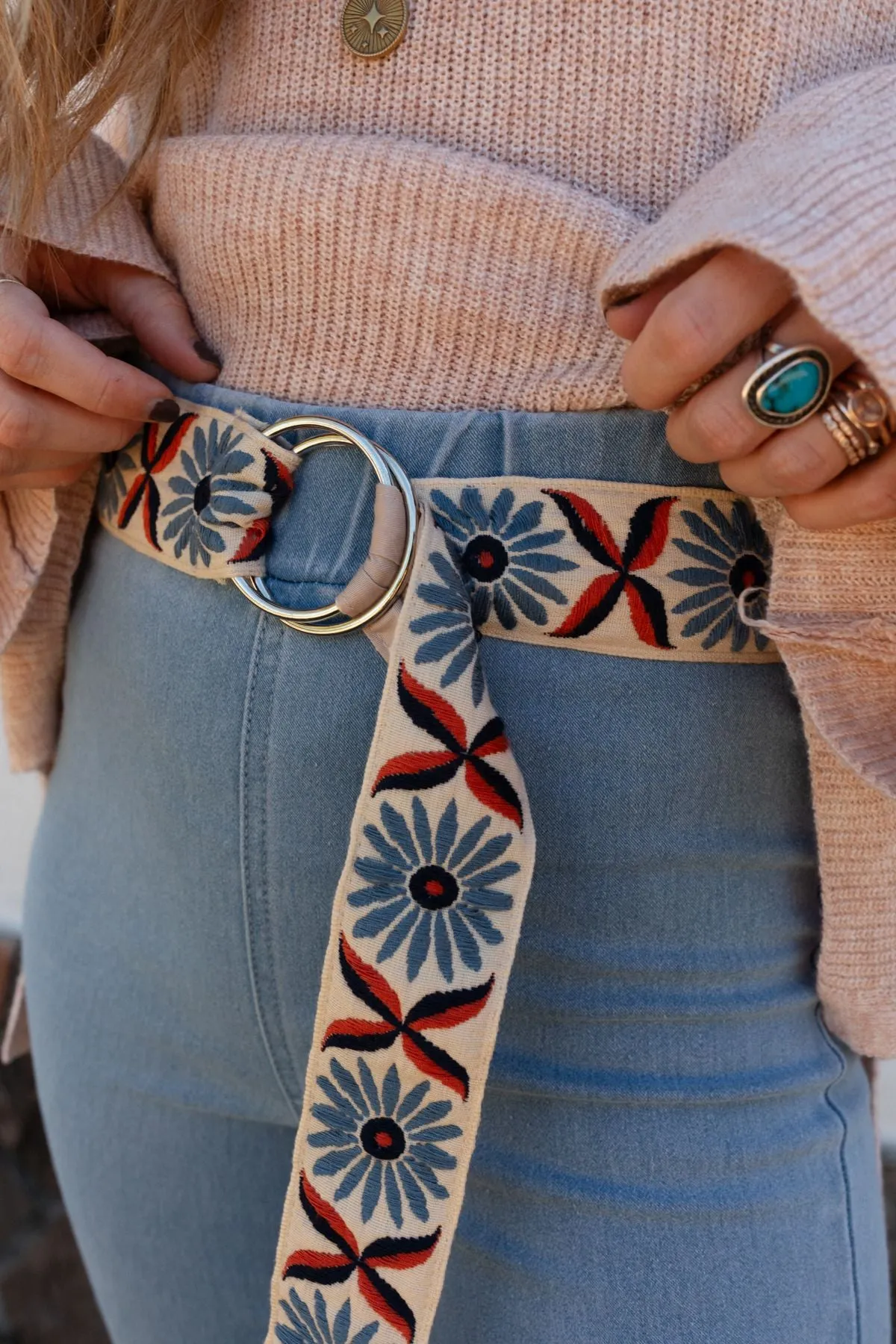 Happy Flower Embroidered Belt - Natural