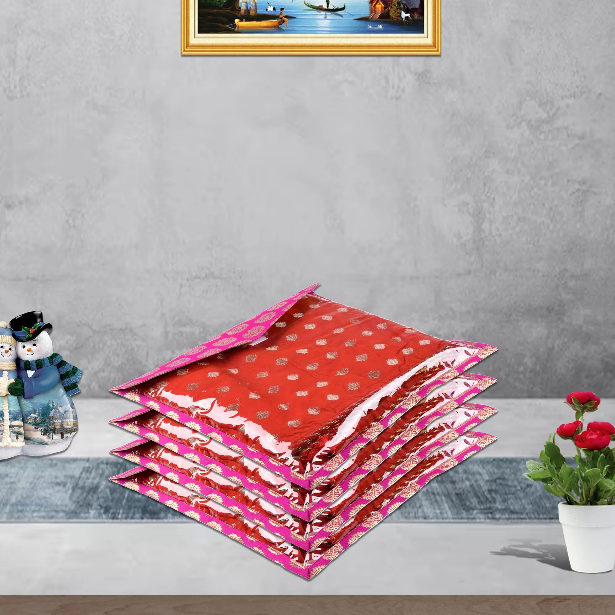 Kuber Industries Saree Cover | Clothes Storage Bag | Single Packing Saree with Zip Closure | Wardrobe Organizer | Cloth Stoarge Organizer | Carry Jama-Design | Pack of 12 | Pink