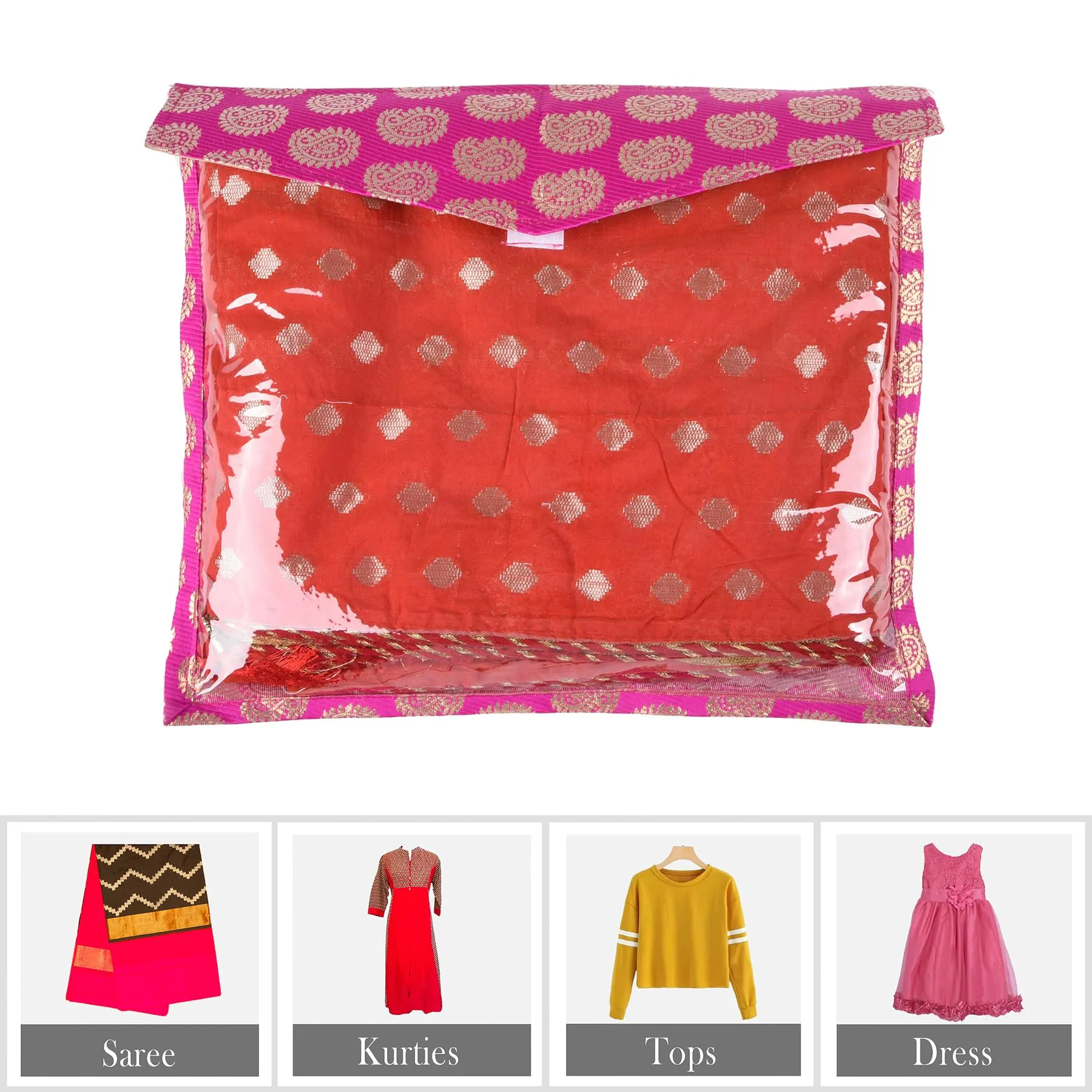 Kuber Industries Saree Cover | Clothes Storage Bag | Single Packing Saree with Zip Closure | Wardrobe Organizer | Cloth Stoarge Organizer | Carry Jama-Design | Pack of 12 | Pink