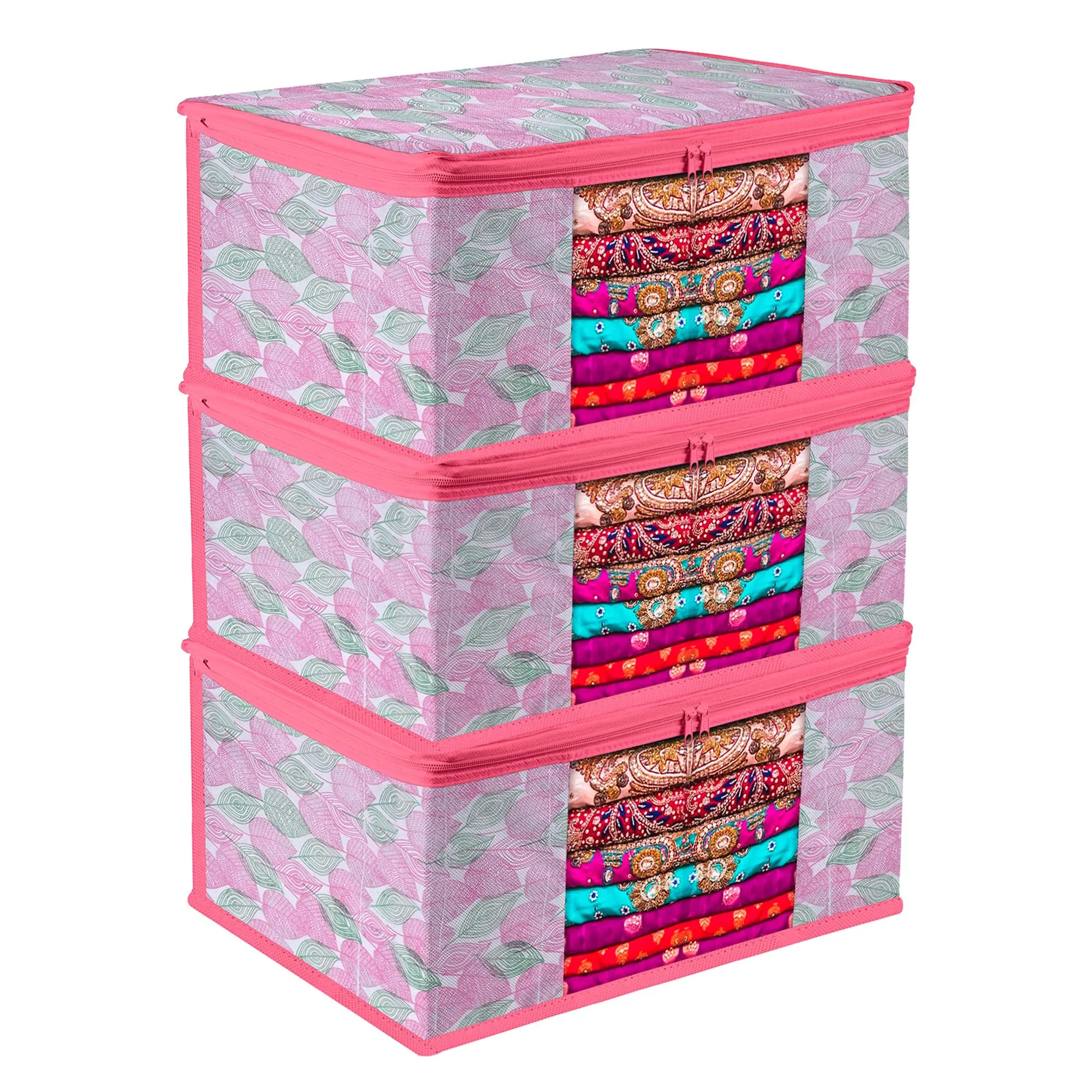 Kuber Industries Saree Cover | Zip Closure Saree Cover | Clothes Storage Bag | Wardrobe Organiser | Transparent Window Saree Cover | Flower Patta-Design | 9 inch | Pack of 3 | Pink