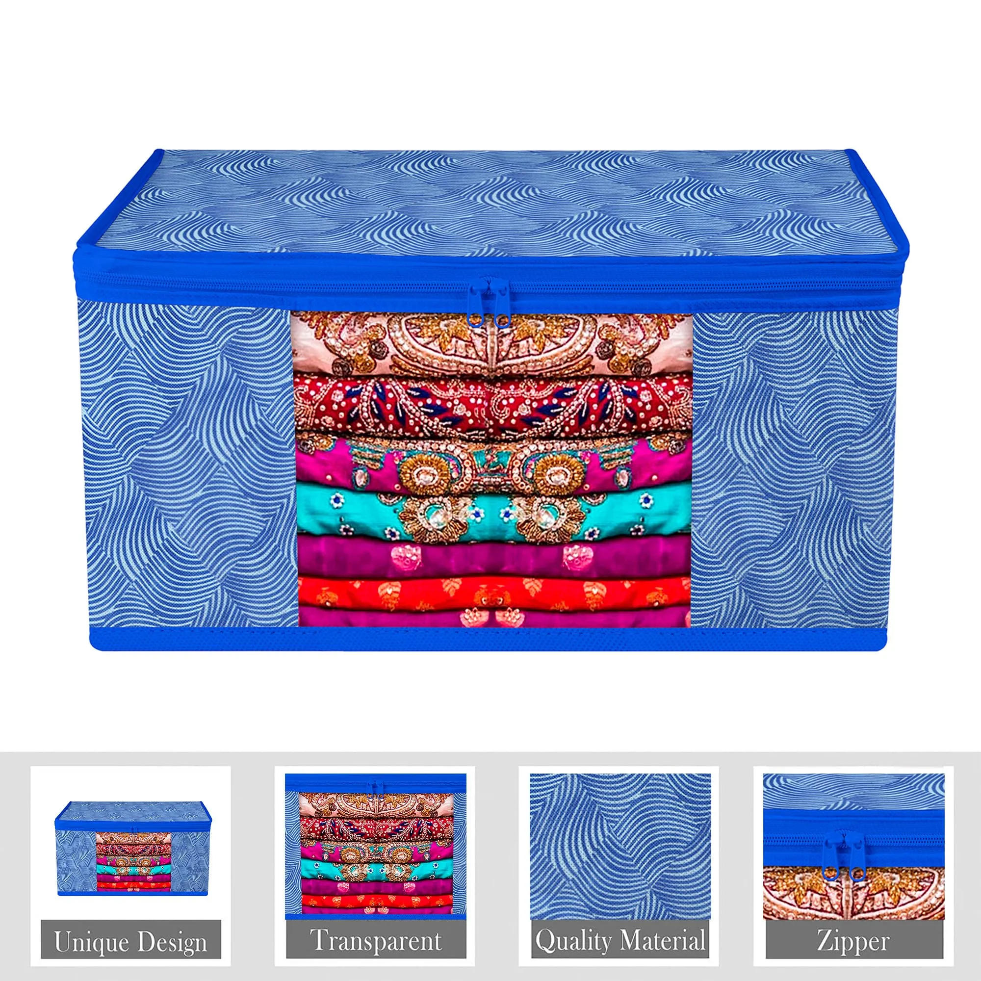 Kuber Industries Saree Cover | Zip Closure Saree Cover | Clothes Storage Bag | Wardrobe Organiser | Transparent Window Saree Cover | Lahariya-Design | 9 inch | Pack of 9 | Blue