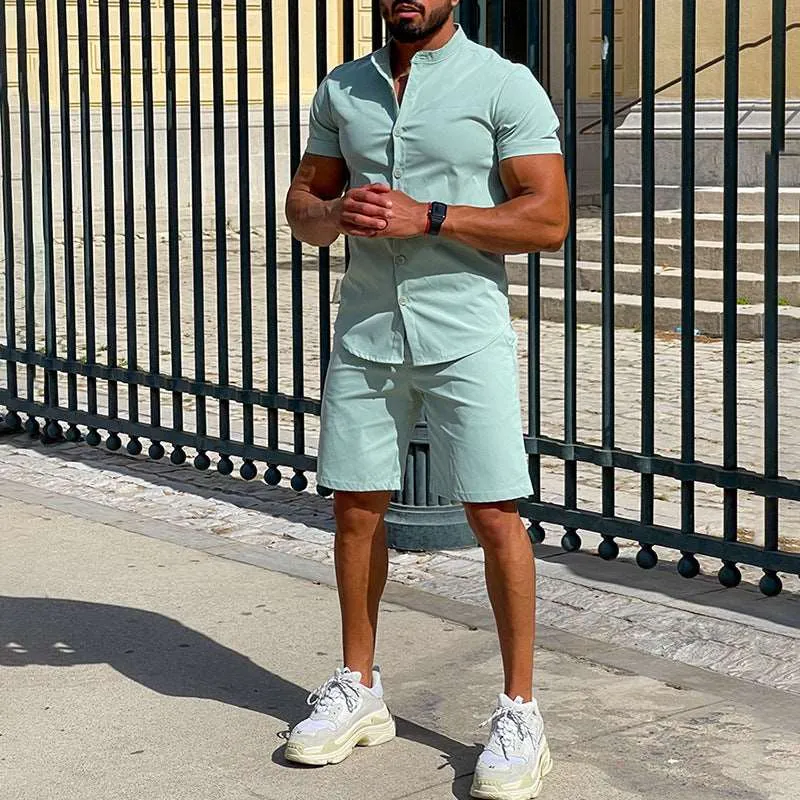 Men's Short Sleeved Shirt and Shorts Two-piece Outfit Set