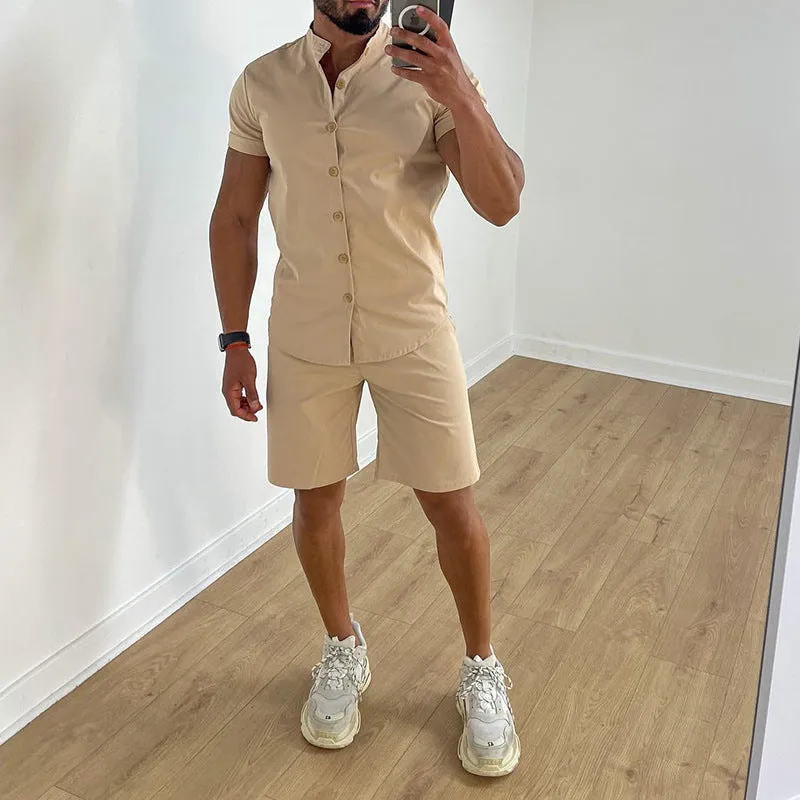 Men's Short Sleeved Shirt and Shorts Two-piece Outfit Set