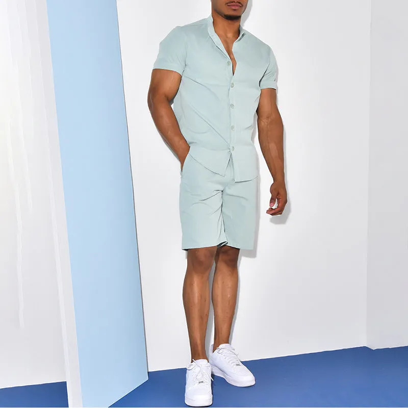 Men's Short Sleeved Shirt and Shorts Two-piece Outfit Set