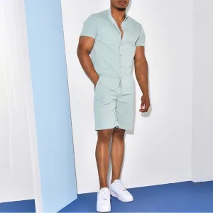 Men's Short Sleeved Shirt and Shorts Two-piece Outfit Set