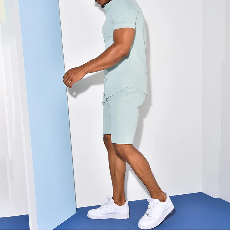 Men's Short Sleeved Shirt and Shorts Two-piece Outfit Set