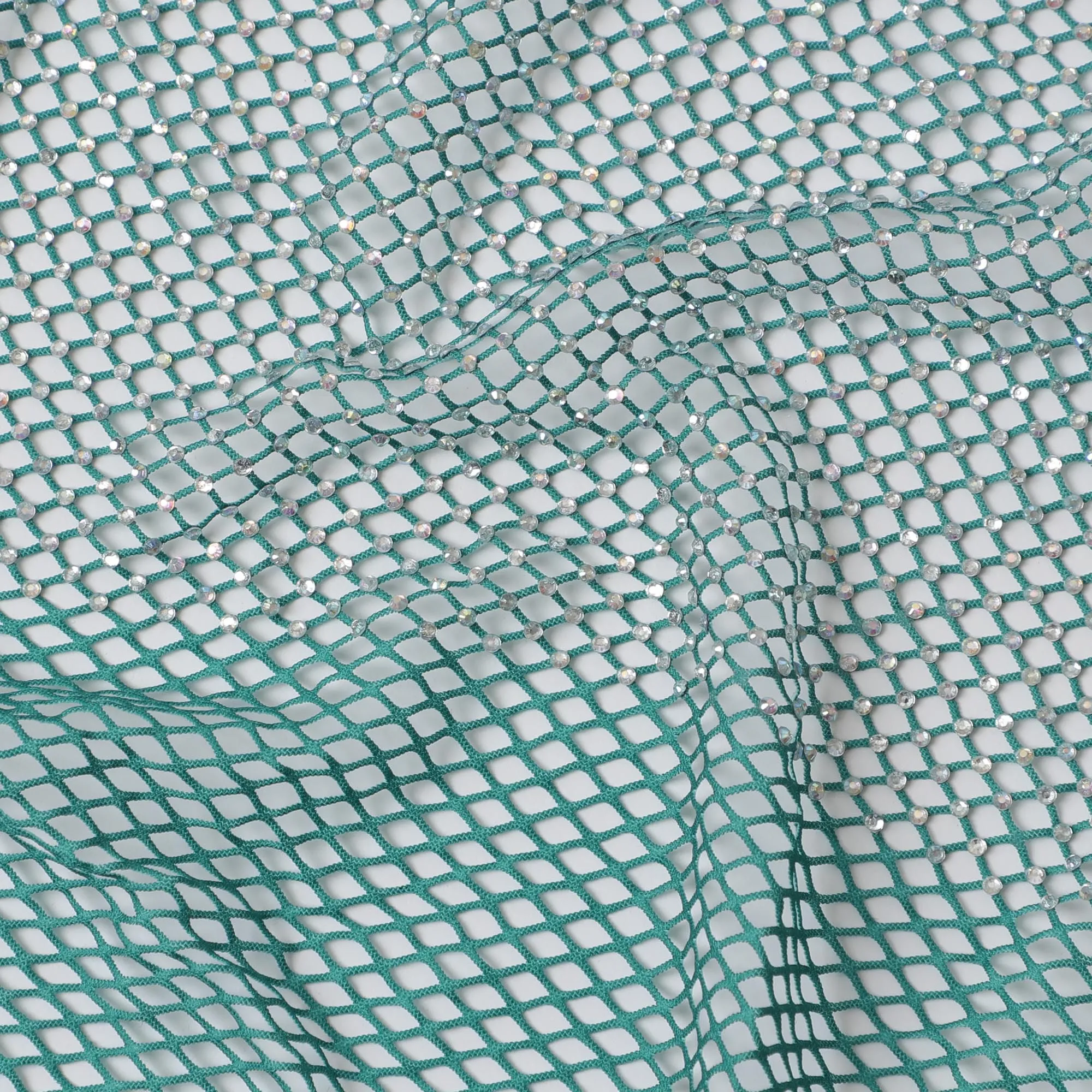 Mint Green Crystal Embellished Nylon Mesh Tulle Fabric, 150cm Width – Ideal for Refreshing Springtime Decor and Apparel-D20086