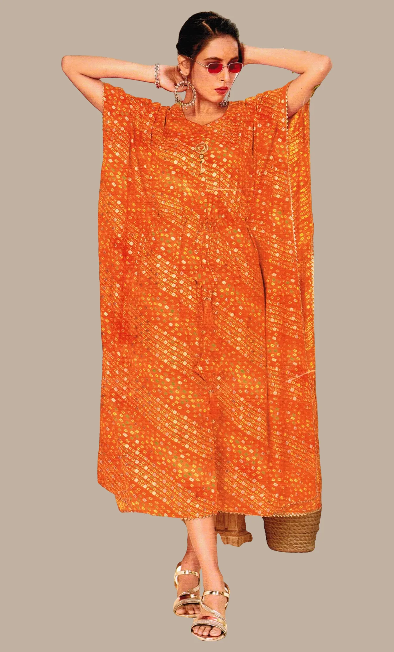 Orange Bandhani Printed Fusion Kaftan